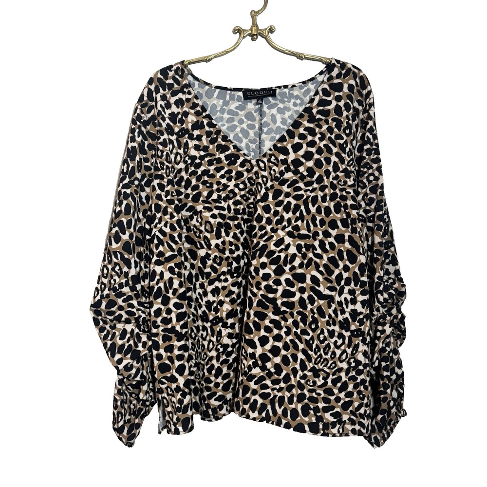 ELOQUII Womens V Neck Leopard Print Smocked Cuff Top Size 22